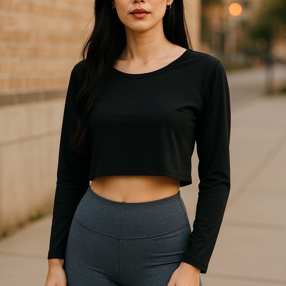 Anthropologie brand womens crop top hoodie poly stretch black minimalism capsule